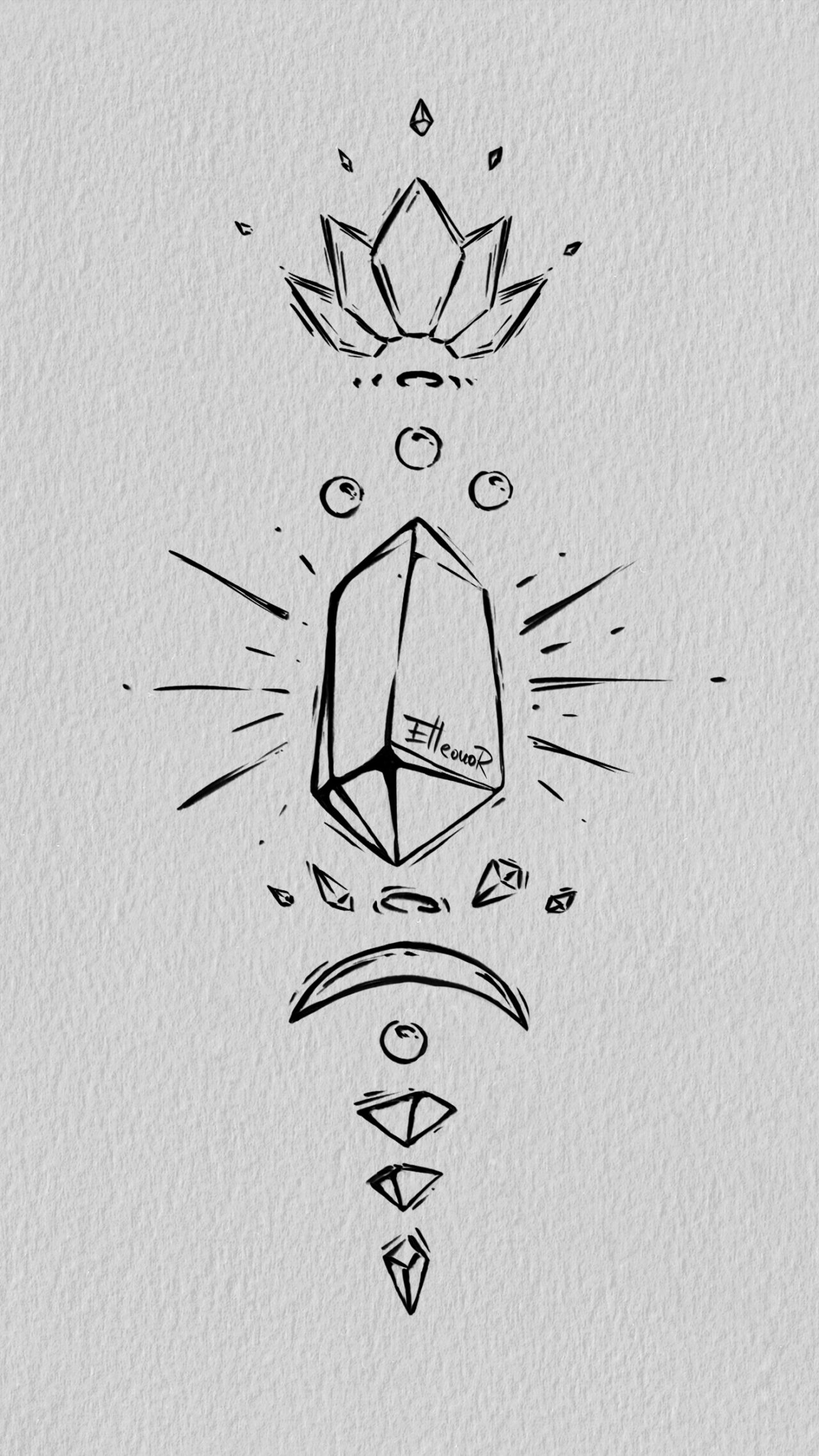Crystal with other elements floating in space. Line art.