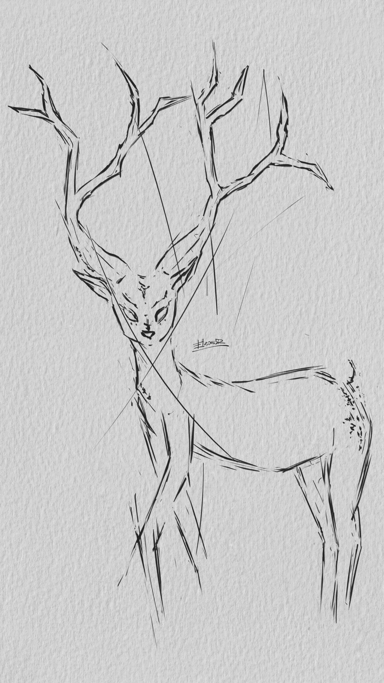 A lonely mystical deer. Line art.