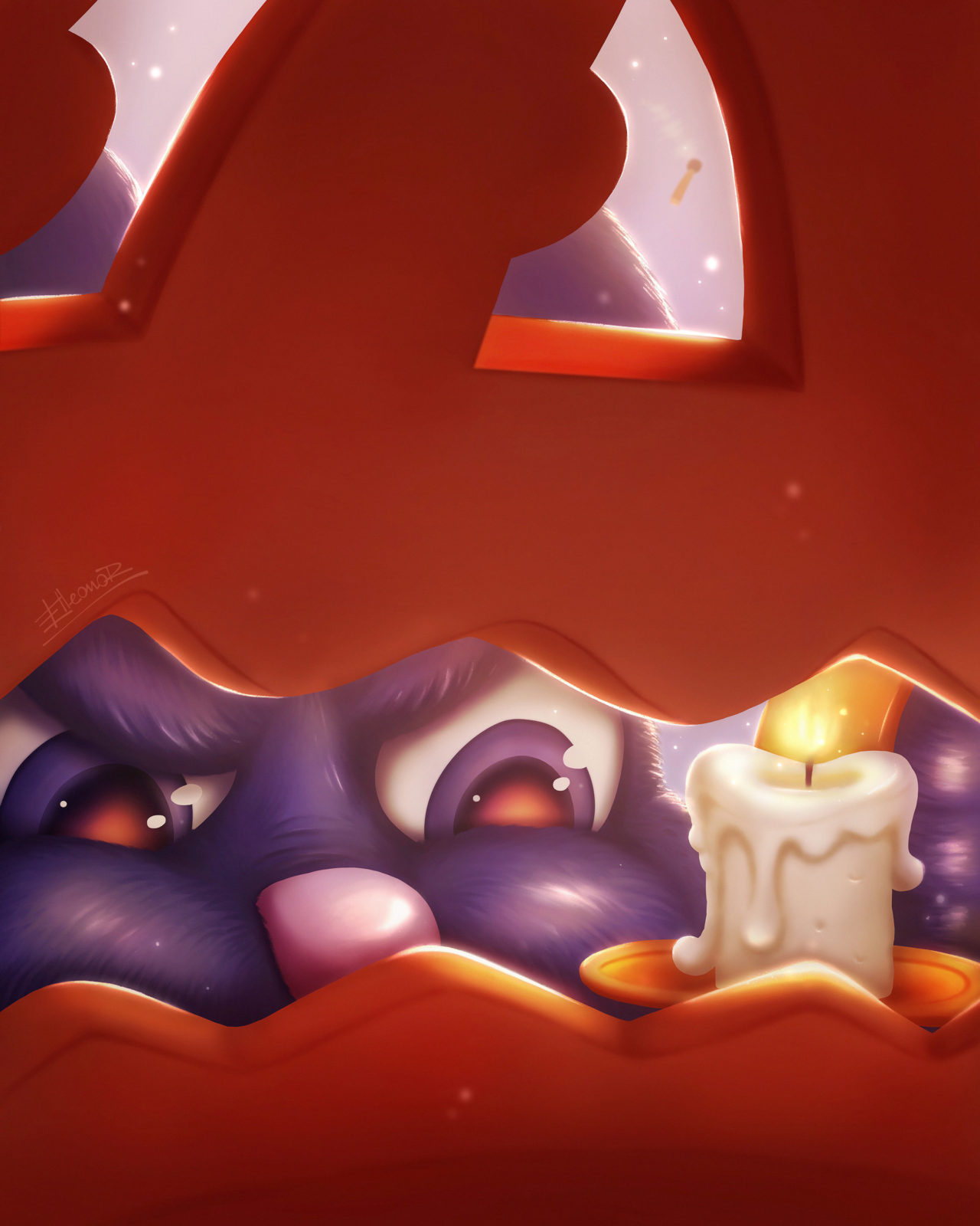Purple Rabbit who loves sweets and cakes is preparing a pumpkin for Halloween
