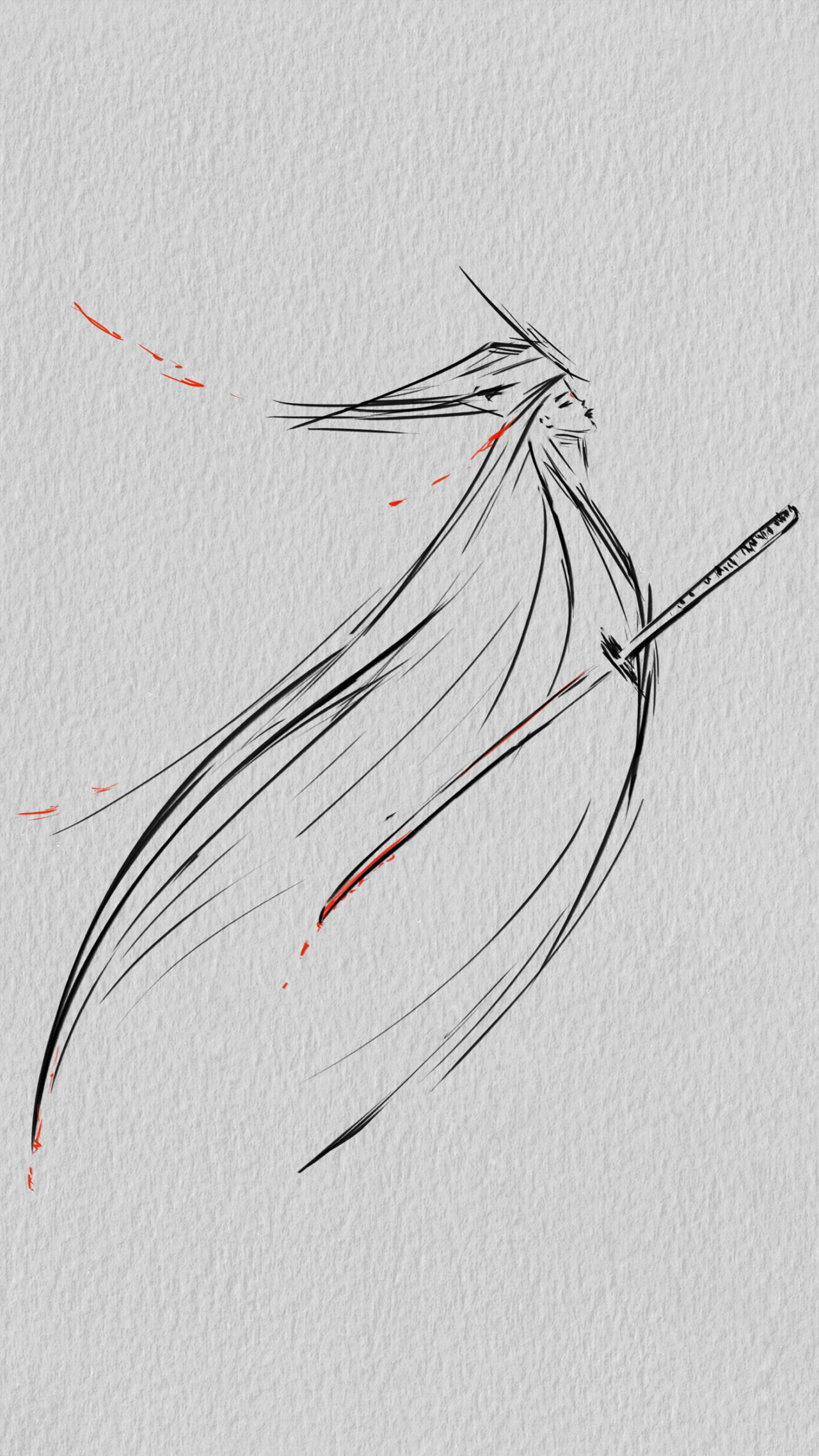 Female samurai leaving the finished fight. Line art.