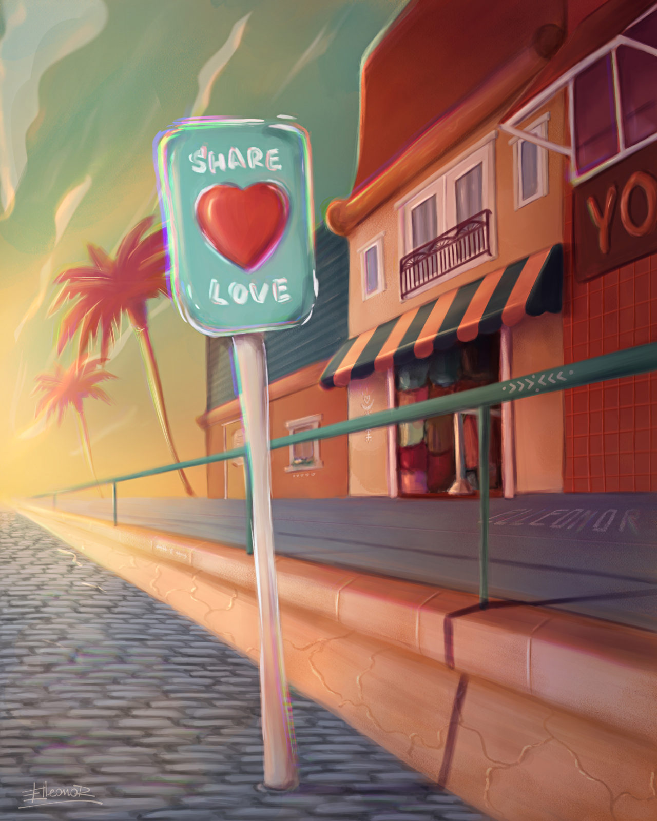 Street with a sign Share Love during the sunset