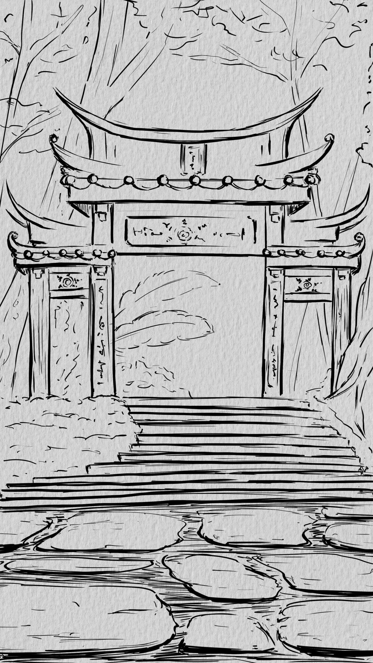 Japanese temple gate in the woods. Line art.