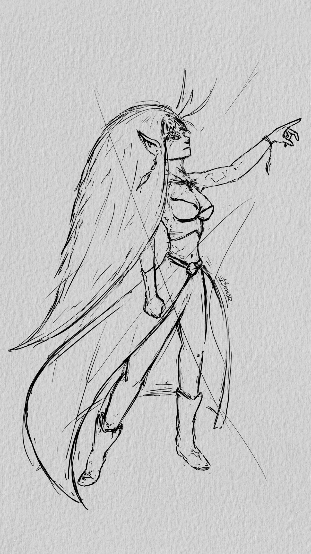 Elf female warrior showing the way. Line art.