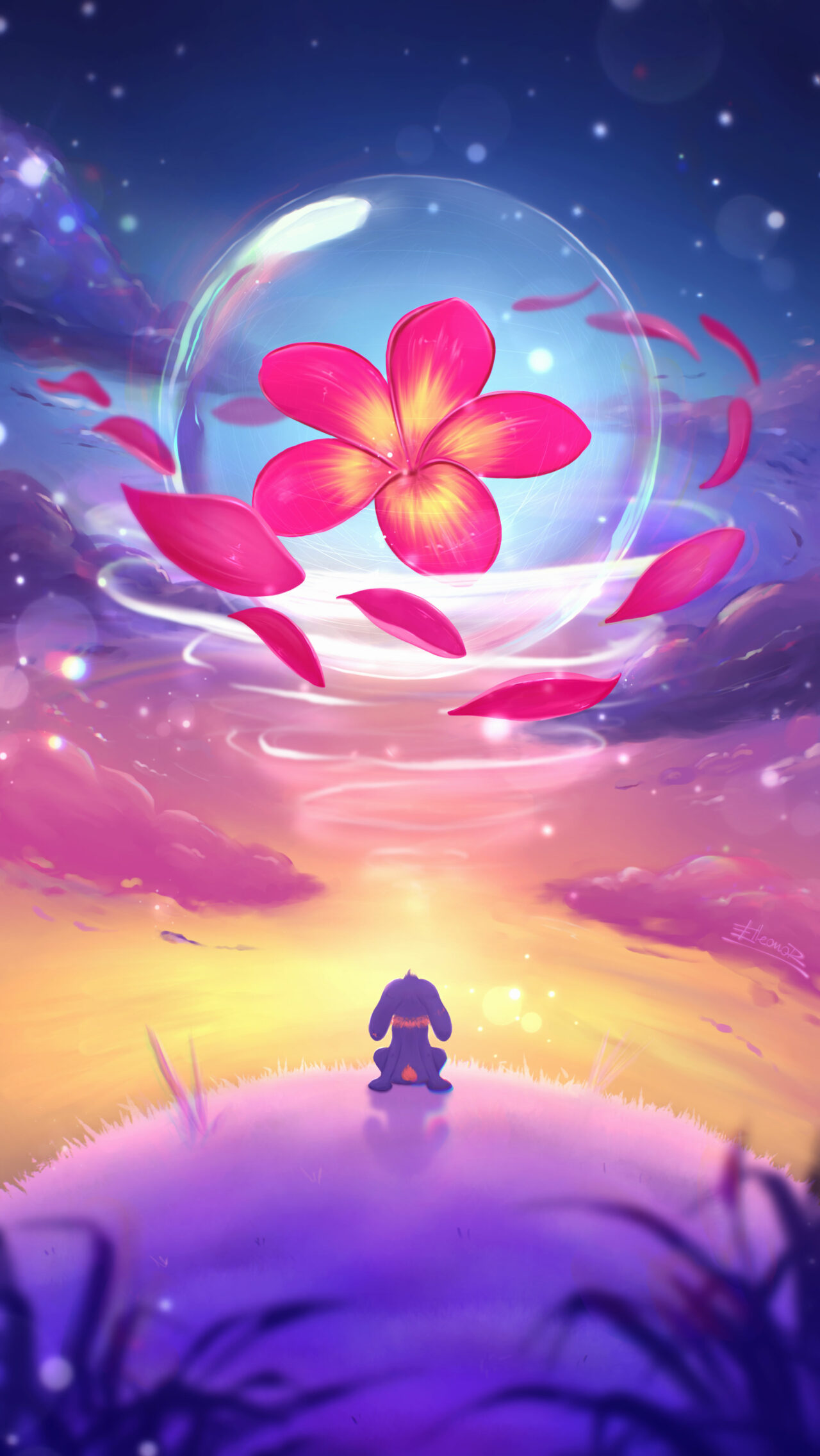 A digital artwork of a colorful land, where a small purple rabbit sits and looks up. There is a floating sphere with a magical Plumeria lifted up by the wind of change. Author - Eleni Sivridi - Elleonor.